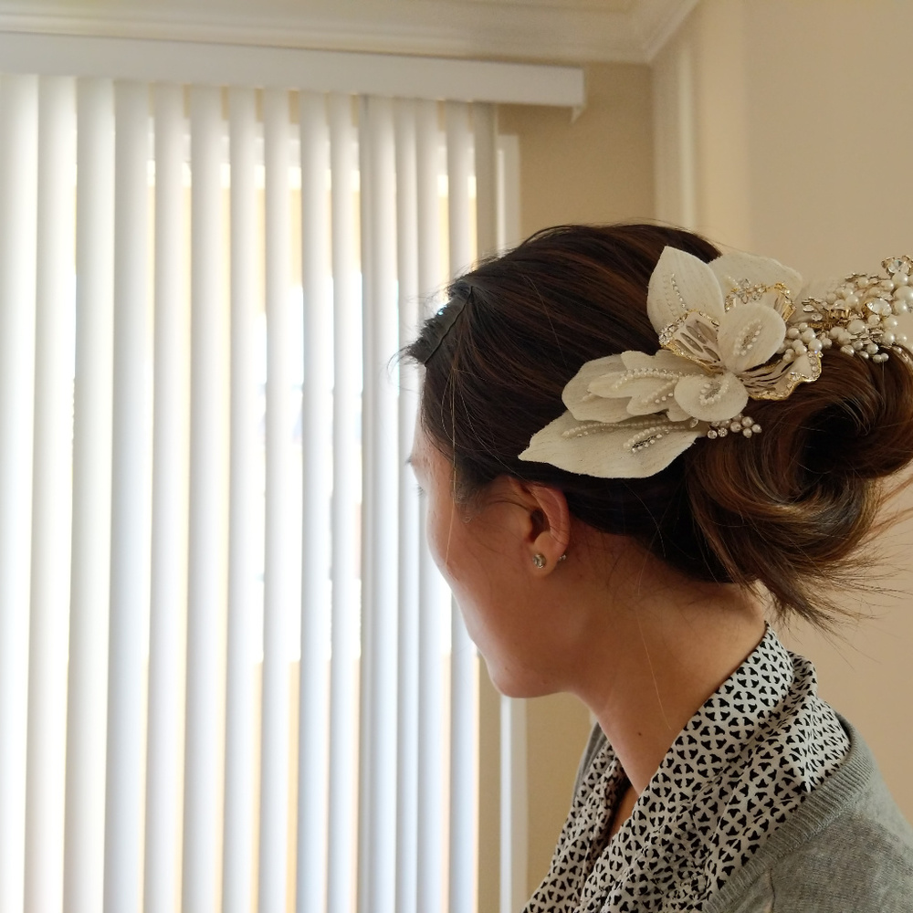 Floral Headpiece with Pearls and Crystals - Picture 4 of 4